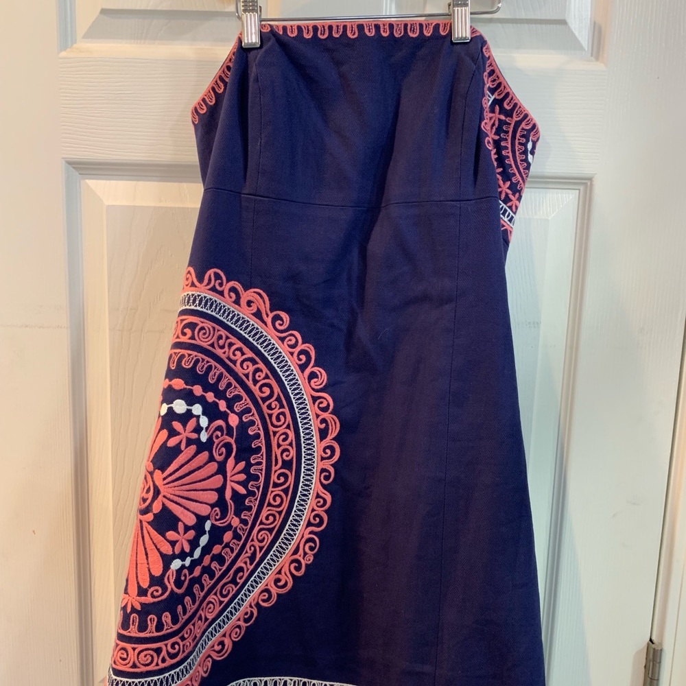 Strapless blue with pink trim dress